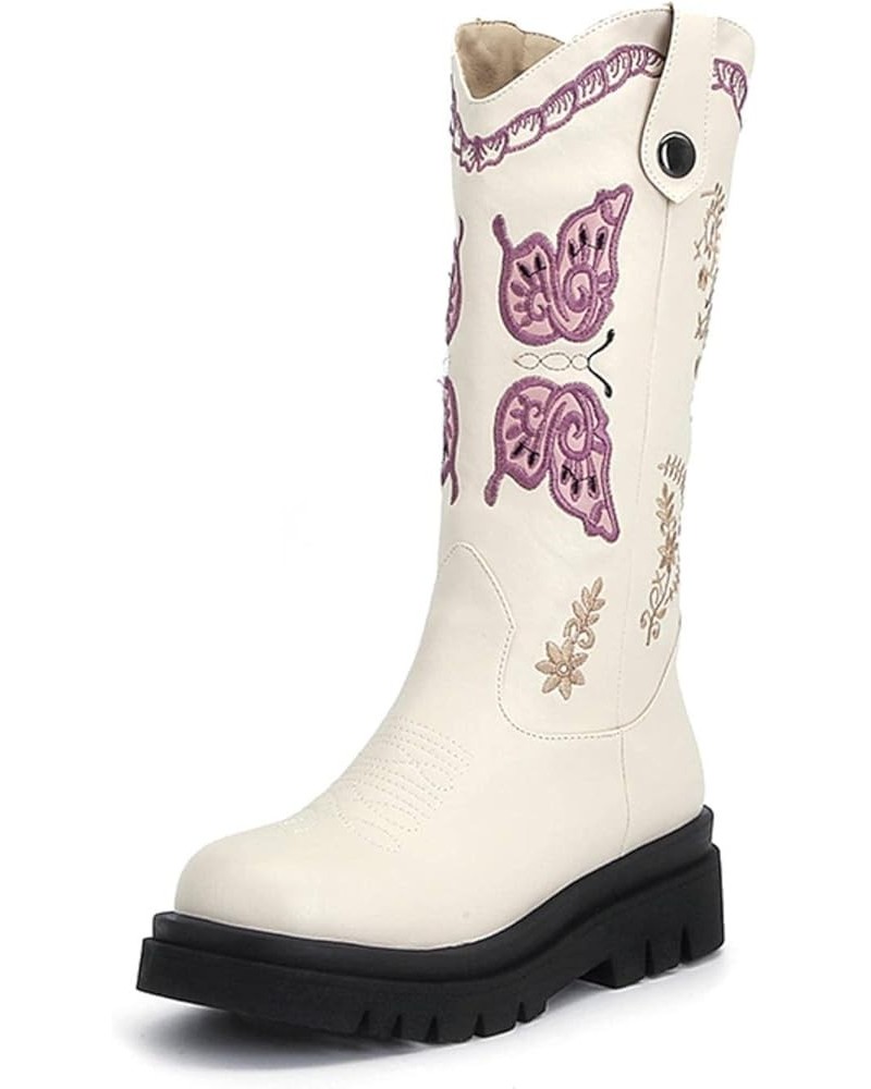 TIFGHK Women's Round Head White Embroidery Western Cowboy Boot 39 Baisedanli $34.15 Boots