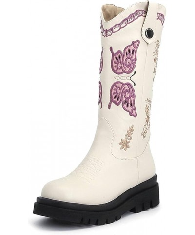 TIFGHK Women's Round Head White Embroidery Western Cowboy Boot 39 Baisedanli $34.15 Boots