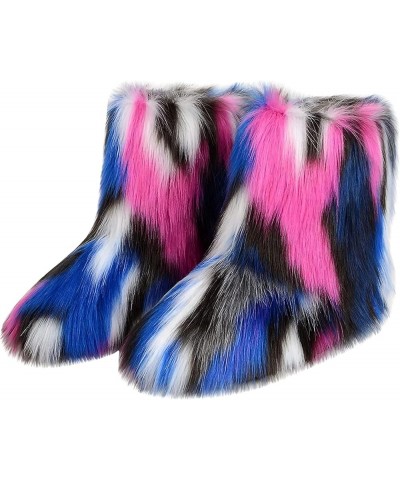 Women's Winter Faux Fur Boots Round Toe Warm Fuzzy Fluffy Furry Snow Boots Flat Shoes Rose Red/Blue $22.76 Outdoor Shoes