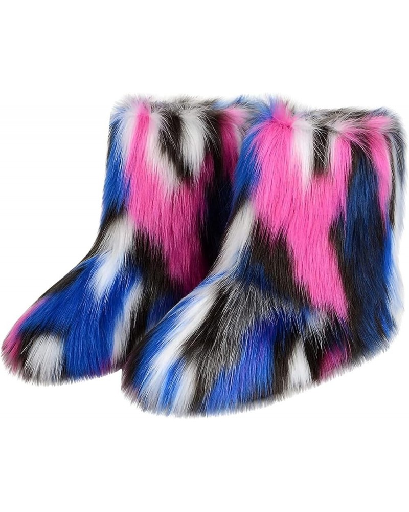 Women's Winter Faux Fur Boots Round Toe Warm Fuzzy Fluffy Furry Snow Boots Flat Shoes Rose Red/Blue $22.76 Outdoor Shoes