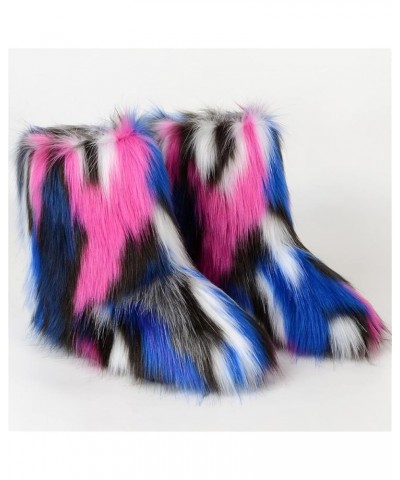 Women's Winter Faux Fur Boots Round Toe Warm Fuzzy Fluffy Furry Snow Boots Flat Shoes Rose Red/Blue $22.76 Outdoor Shoes