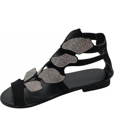 Elastic Strap Sandals for Women Rhinestone Low Women's Heel Casual Toe Open Fashion Crystal Shoes Sandals Black $20.18 Sandals