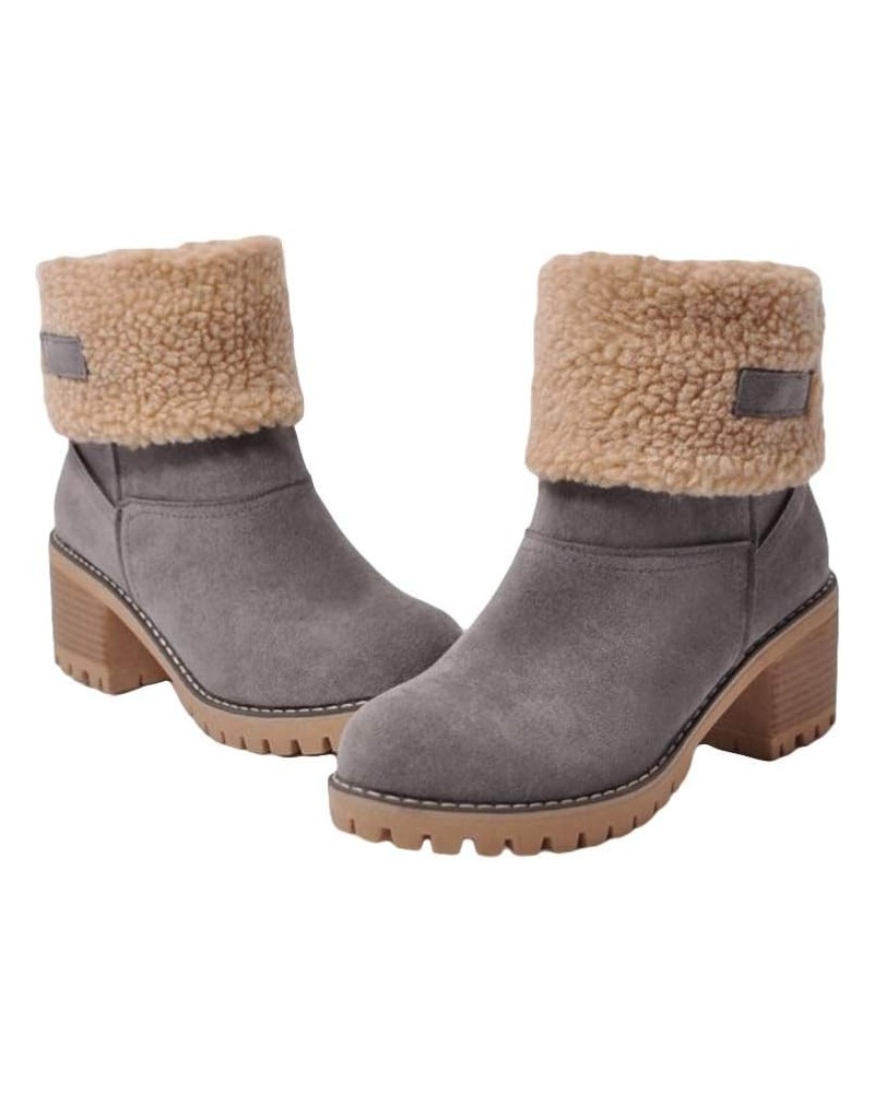 Winter Warm Ankle Boots Vintage Plush Slip-On Block Heel Ankle Boots for Women Grey $14.48 Boots