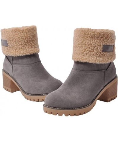 Winter Warm Ankle Boots Vintage Plush Slip-On Block Heel Ankle Boots for Women Grey $14.48 Boots