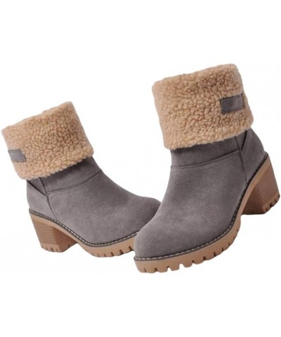 Winter Warm Ankle Boots Vintage Plush Slip-On Block Heel Ankle Boots for Women Grey $14.48 Boots