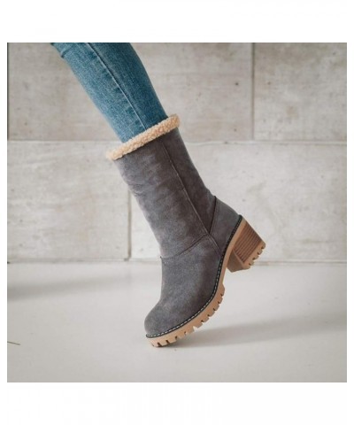 Winter Warm Ankle Boots Vintage Plush Slip-On Block Heel Ankle Boots for Women Grey $14.48 Boots