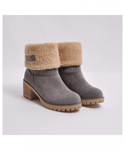 Winter Warm Ankle Boots Vintage Plush Slip-On Block Heel Ankle Boots for Women Grey $14.48 Boots