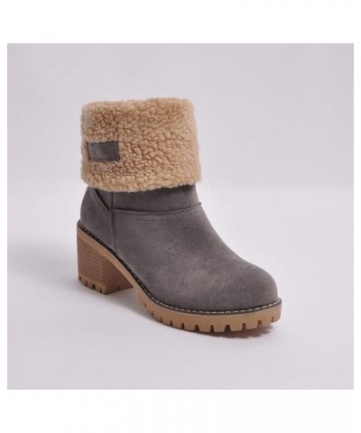 Winter Warm Ankle Boots Vintage Plush Slip-On Block Heel Ankle Boots for Women Grey $14.48 Boots