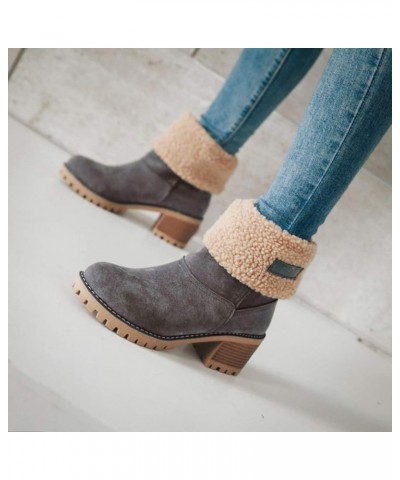 Winter Warm Ankle Boots Vintage Plush Slip-On Block Heel Ankle Boots for Women Grey $14.48 Boots