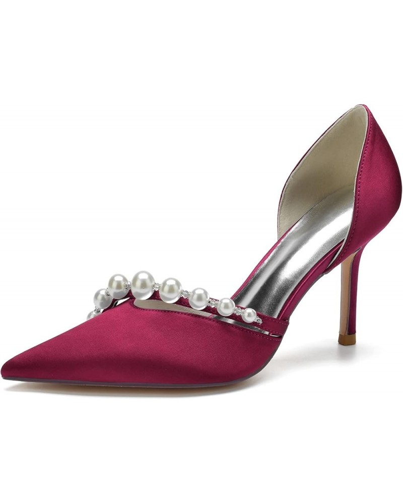 Women Pointed Toe High Heel Pumps Slip On Pearl Wedding Bridal Shoes Sexy Stiletto Party Sandles Burgundy $36.74 Pumps