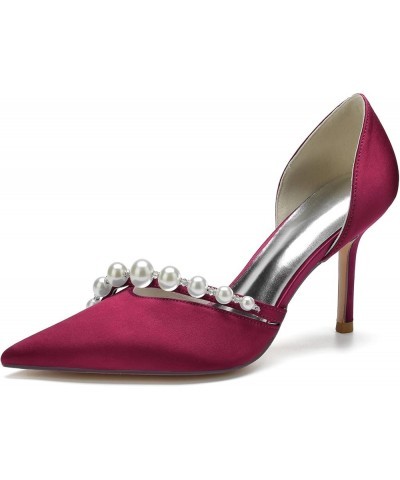 Women Pointed Toe High Heel Pumps Slip On Pearl Wedding Bridal Shoes Sexy Stiletto Party Sandles Burgundy $36.74 Pumps