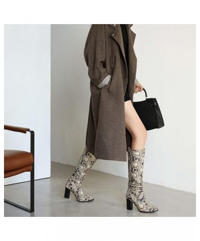 2022 Women's Autumn and Winter New Solid and Snake Print Small Round Head High Heel Medium Boots Over The Knee Boots Wide Cal...