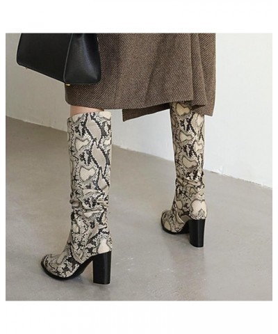 2022 Women's Autumn and Winter New Solid and Snake Print Small Round Head High Heel Medium Boots Over The Knee Boots Wide Cal...