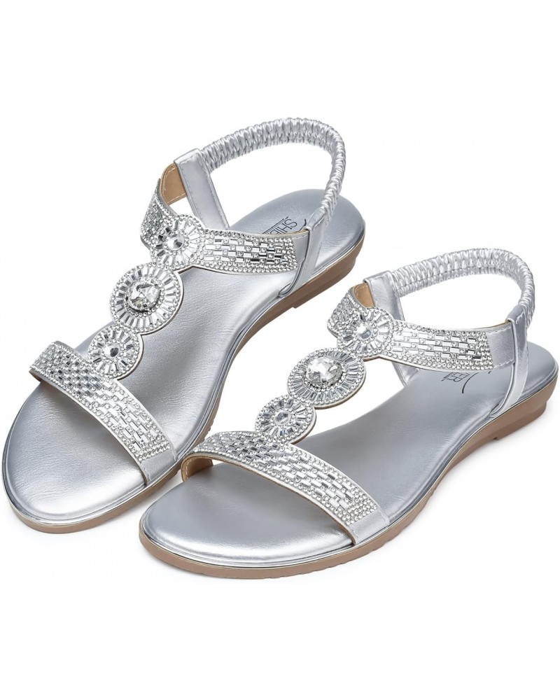 Sandals Women Dressy Summer: Comfortable Dress Rhinestones Ankle Strap Flat Bling Walking Fancy Sandal Silver Size 5 Sandals ...