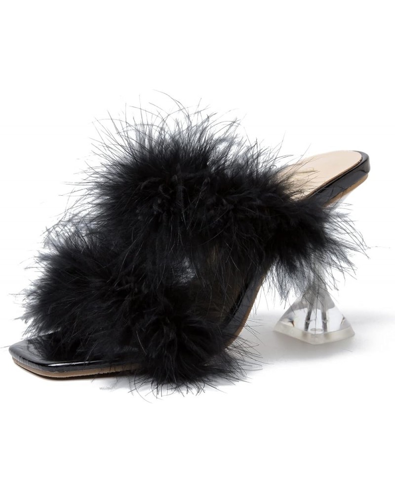 Women's Square Toe Fuzzy Heels High Clear Heel Mules Sandals Two Fluffy Feather Bands Slippers Party Prom Dresses Shoes Black...