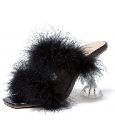 Women's Square Toe Fuzzy Heels High Clear Heel Mules Sandals Two Fluffy Feather Bands Slippers Party Prom Dresses Shoes Black...