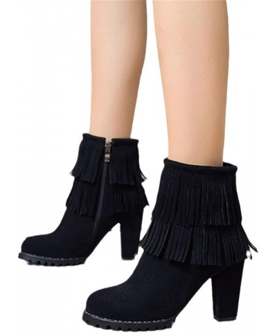 Women's Fringe Block Heeled Ankle Boots,Winter Suede Warm Booties,High Heels Retro Short Boots,Women Elegant Ankle Shoes for ...