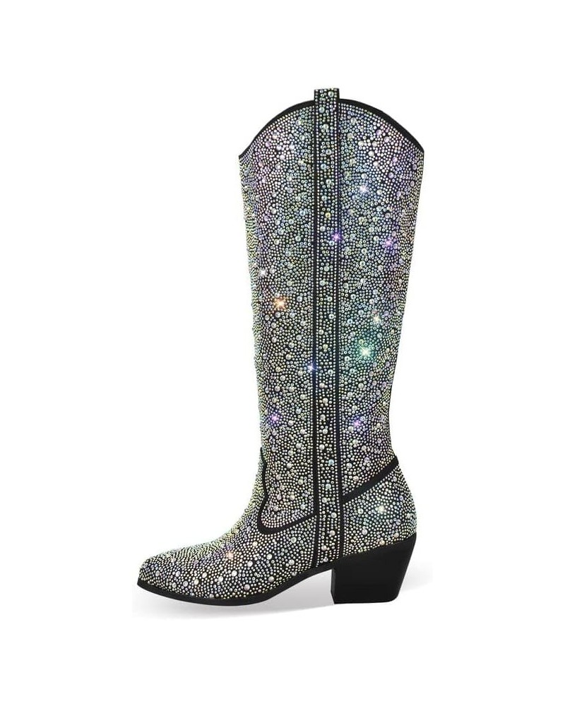 Rhinestone Boots for Women Knee High Chunky Low Heel Mid-calf Boots Pointed Toe Pull-On Ankle Booties Black $23.46 Boots