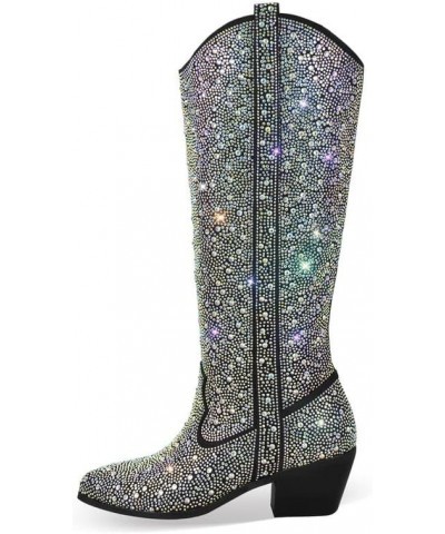 Rhinestone Boots for Women Knee High Chunky Low Heel Mid-calf Boots Pointed Toe Pull-On Ankle Booties Black $23.46 Boots