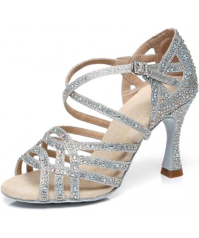 Women Professional Latin Rhinestone Dance Shoes Open Toe Salsa Chacha Ballroom Dance Heels Cross Strap,Model-L357 L357-silver...