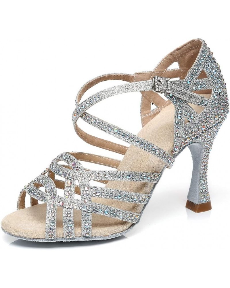 Women Professional Latin Rhinestone Dance Shoes Open Toe Salsa Chacha Ballroom Dance Heels Cross Strap,Model-L357 L357-silver...