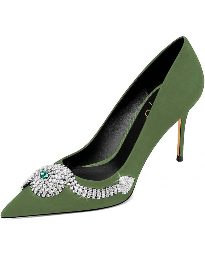 Women Luxury Snake Rhinestones Pointed Toe Pumps Thin High Heel Slip On Ladies Formal Evening Party Wedding Shoes Green $49.4...