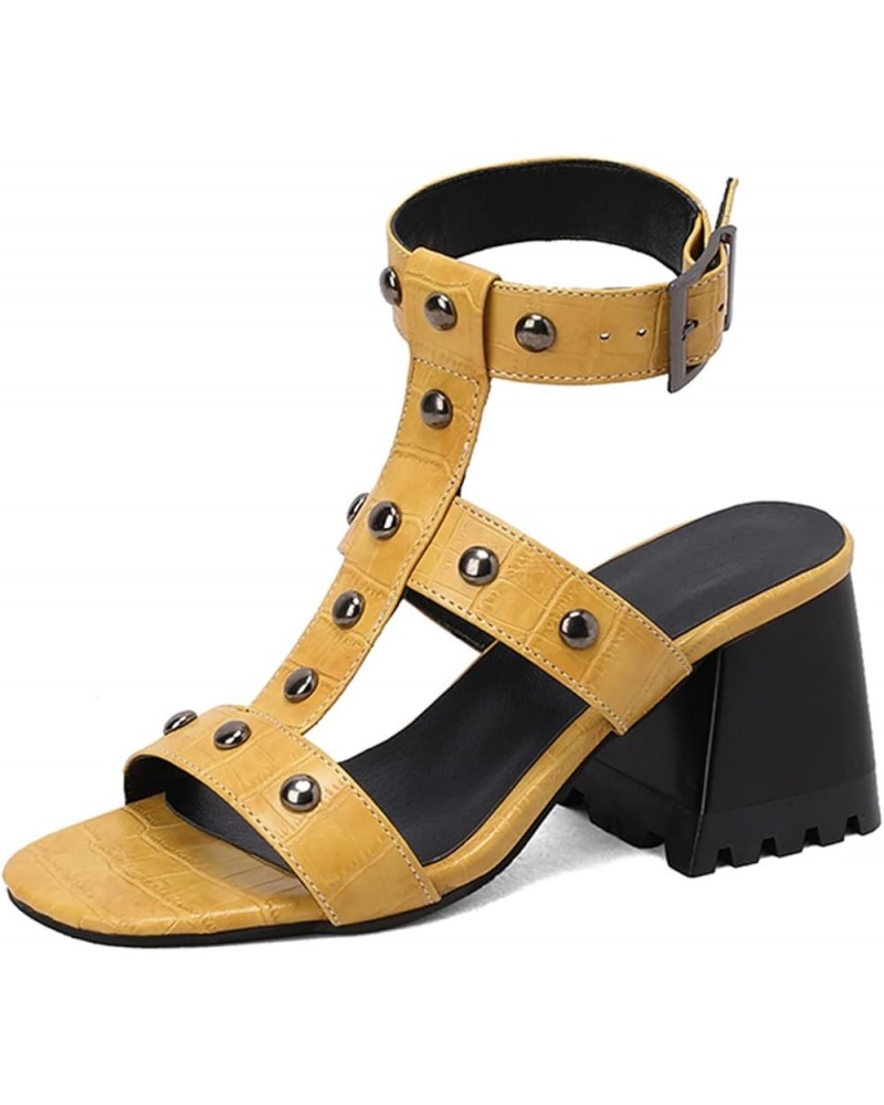 Women Metal Rivet Block Heel T-Strap Hollow Out Slingback Sandals Yellow $24.74 Sandals