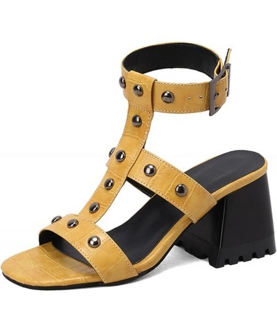 Women Metal Rivet Block Heel T-Strap Hollow Out Slingback Sandals Yellow $24.74 Sandals