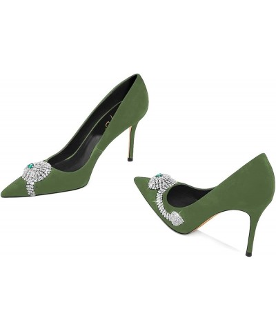 Women Luxury Snake Rhinestones Pointed Toe Pumps Thin High Heel Slip On Ladies Formal Evening Party Wedding Shoes Green $49.4...