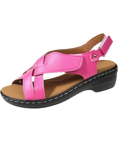 Women Retro Leather Hook Loop Wedge Sandals Crisscross Band Thong Sandals Female Non Slip Wear Resisting Beach 8 Hot Pink $29...