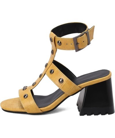 Women Metal Rivet Block Heel T-Strap Hollow Out Slingback Sandals Yellow $24.74 Sandals