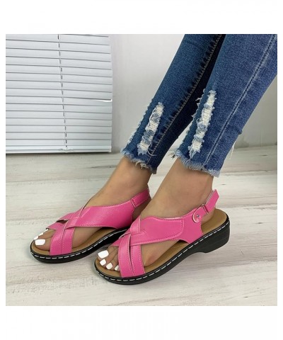 Women Retro Leather Hook Loop Wedge Sandals Crisscross Band Thong Sandals Female Non Slip Wear Resisting Beach 8 Hot Pink $29...