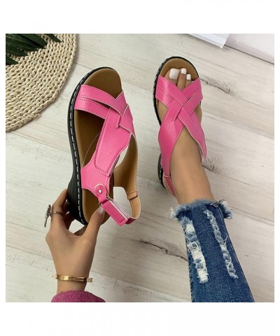 Women Retro Leather Hook Loop Wedge Sandals Crisscross Band Thong Sandals Female Non Slip Wear Resisting Beach 8 Hot Pink $29...