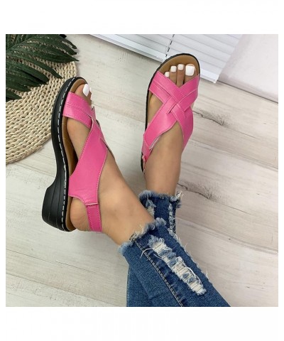 Women Retro Leather Hook Loop Wedge Sandals Crisscross Band Thong Sandals Female Non Slip Wear Resisting Beach 8 Hot Pink $29...