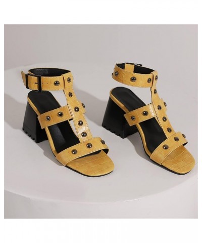 Women Metal Rivet Block Heel T-Strap Hollow Out Slingback Sandals Yellow $24.74 Sandals