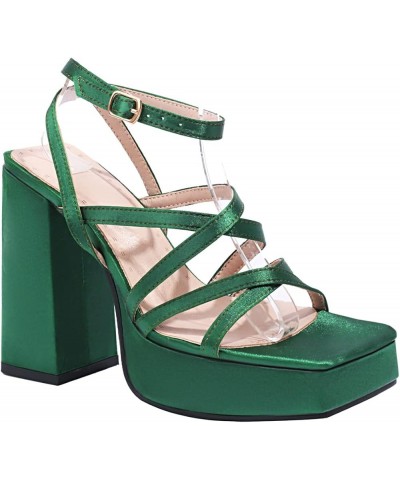 Womens LC565 Performance Cross Wristbands Wedding Fabric Low Chunky Heeled Sandals Green $37.34 Sandals