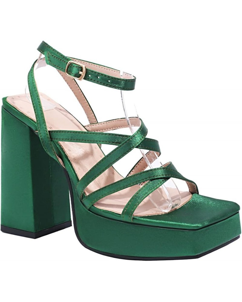 Womens LC565 Performance Cross Wristbands Wedding Fabric Low Chunky Heeled Sandals Green $37.34 Sandals