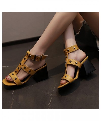 Women Metal Rivet Block Heel T-Strap Hollow Out Slingback Sandals Yellow $24.74 Sandals