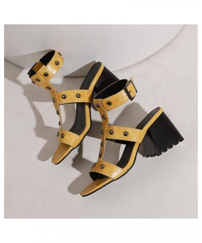 Women Metal Rivet Block Heel T-Strap Hollow Out Slingback Sandals Yellow $24.74 Sandals