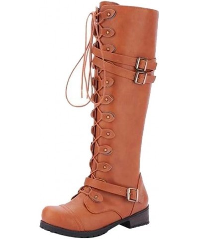 Cowgirl Boots for Women, Womens Moto Knee High Boots Lace Up Leather Wide Calf Block Buckle Belt Boots Fashion Shoes Yellow $...