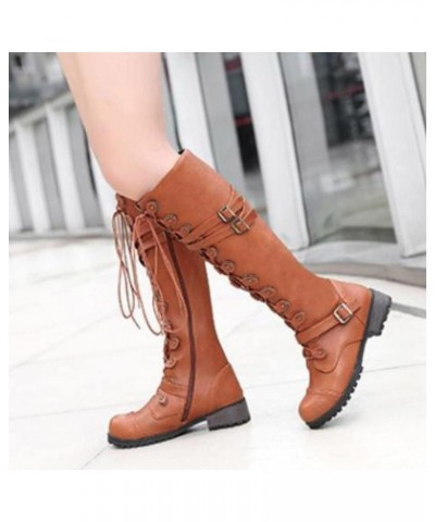 Cowgirl Boots for Women, Womens Moto Knee High Boots Lace Up Leather Wide Calf Block Buckle Belt Boots Fashion Shoes Yellow $...