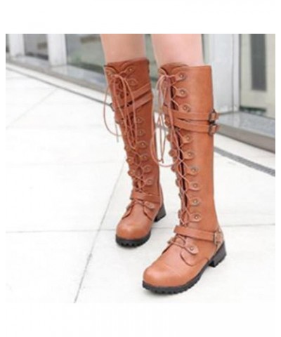 Cowgirl Boots for Women, Womens Moto Knee High Boots Lace Up Leather Wide Calf Block Buckle Belt Boots Fashion Shoes Yellow $...