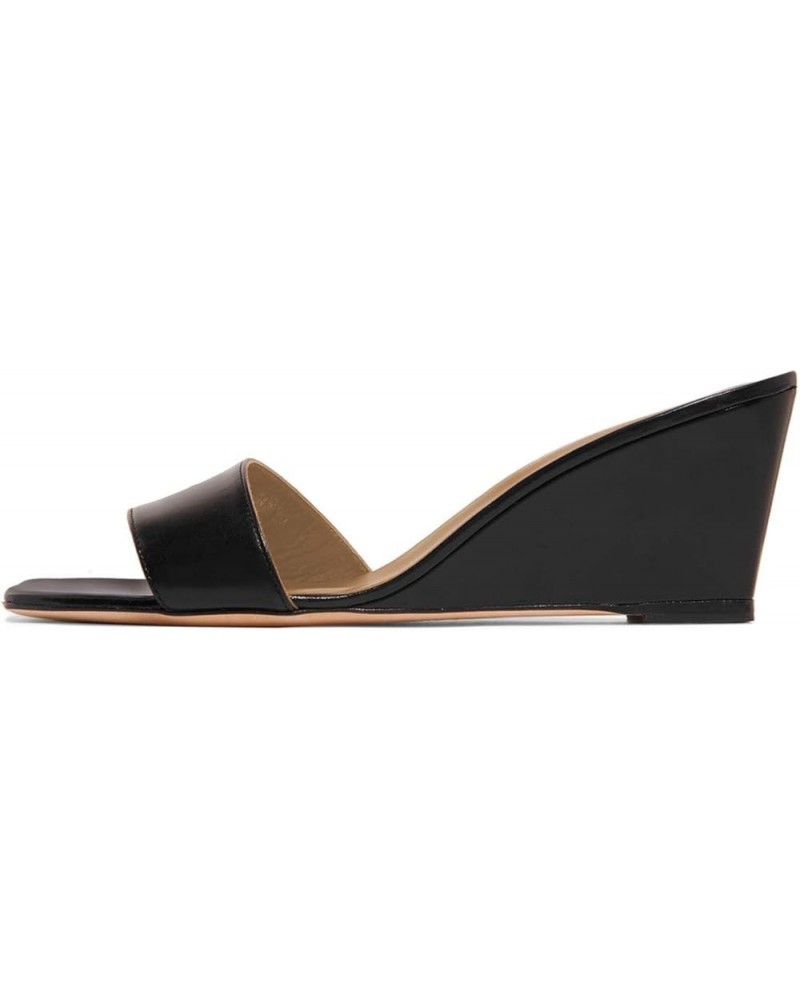 Women's Square Open Toe Comfort Wedge High Heels Slide Sandals Backless Summer Mules Slippers Black $39.97 Sandals