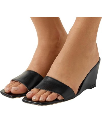 Women's Square Open Toe Comfort Wedge High Heels Slide Sandals Backless Summer Mules Slippers Black $39.97 Sandals