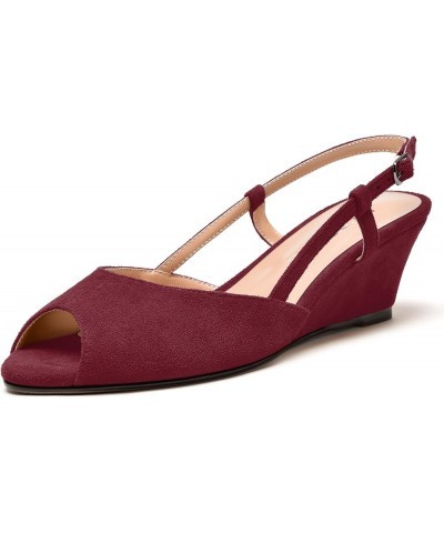 Womens Suede Slingback Peep Toe Dating Cute Buckle Wedge Low Heel Wedges Sandals 2 Inch Burgundy $32.67 Sandals