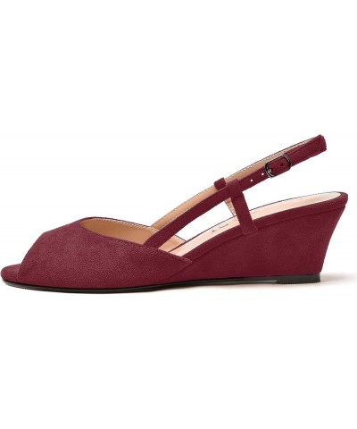 Womens Suede Slingback Peep Toe Dating Cute Buckle Wedge Low Heel Wedges Sandals 2 Inch Burgundy $32.67 Sandals