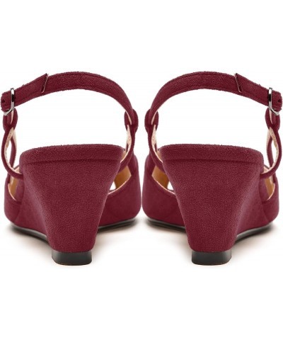 Womens Suede Slingback Peep Toe Dating Cute Buckle Wedge Low Heel Wedges Sandals 2 Inch Burgundy $32.67 Sandals