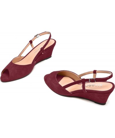 Womens Suede Slingback Peep Toe Dating Cute Buckle Wedge Low Heel Wedges Sandals 2 Inch Burgundy $32.67 Sandals