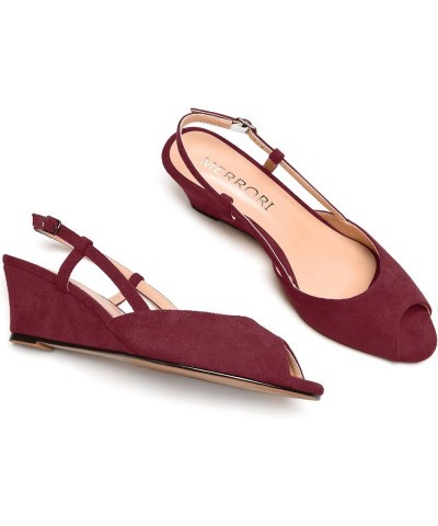 Womens Suede Slingback Peep Toe Dating Cute Buckle Wedge Low Heel Wedges Sandals 2 Inch Burgundy $32.67 Sandals