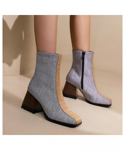 Women's Stone-Pattern Chunky Heel Ankle Boots With Side Zipper Fashion Square Toe Colorblock Leather Cowgirl Short Boots Wedd...